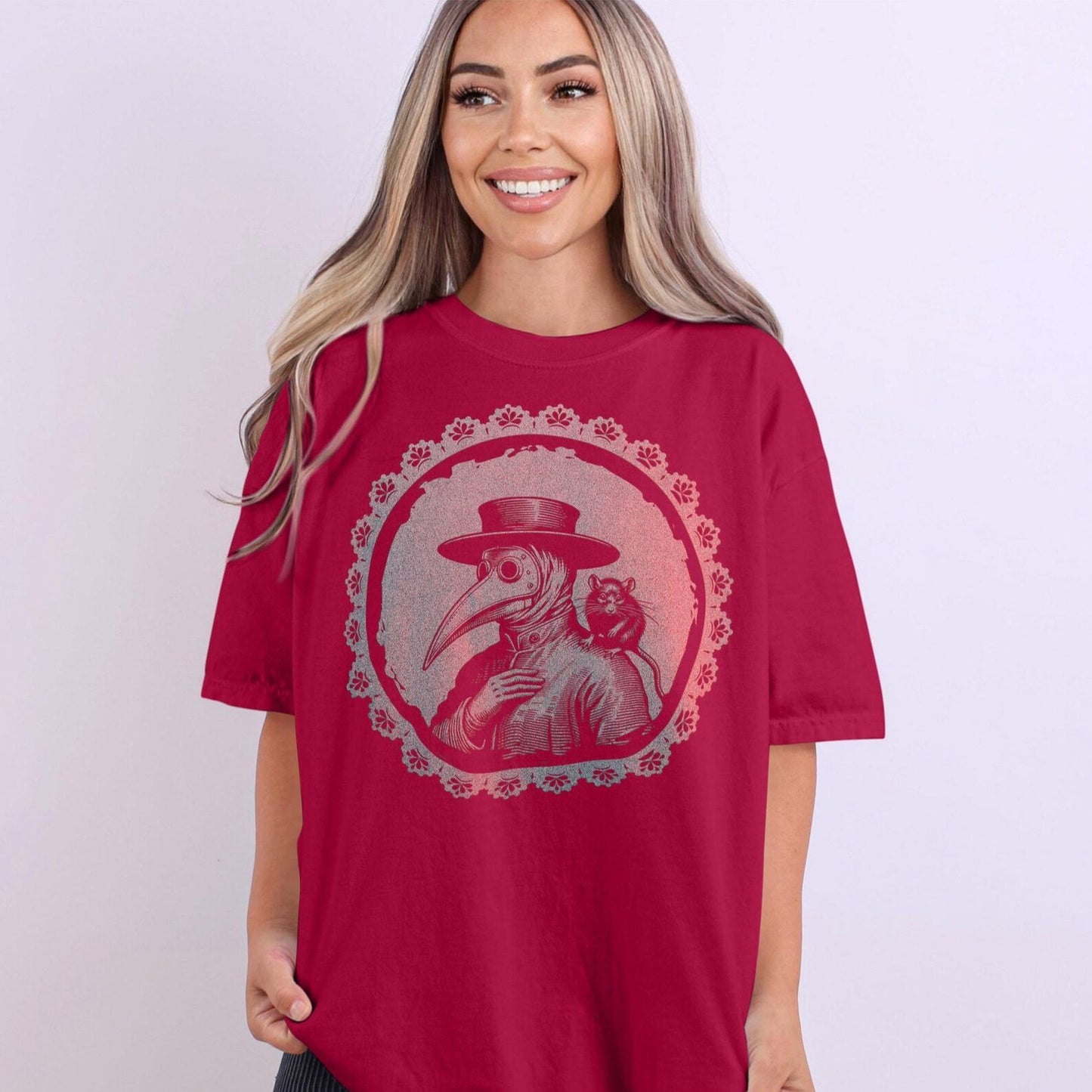 Spooky Gothic Tee – Plague Doctor & Pet Rat Design – Dark Humor