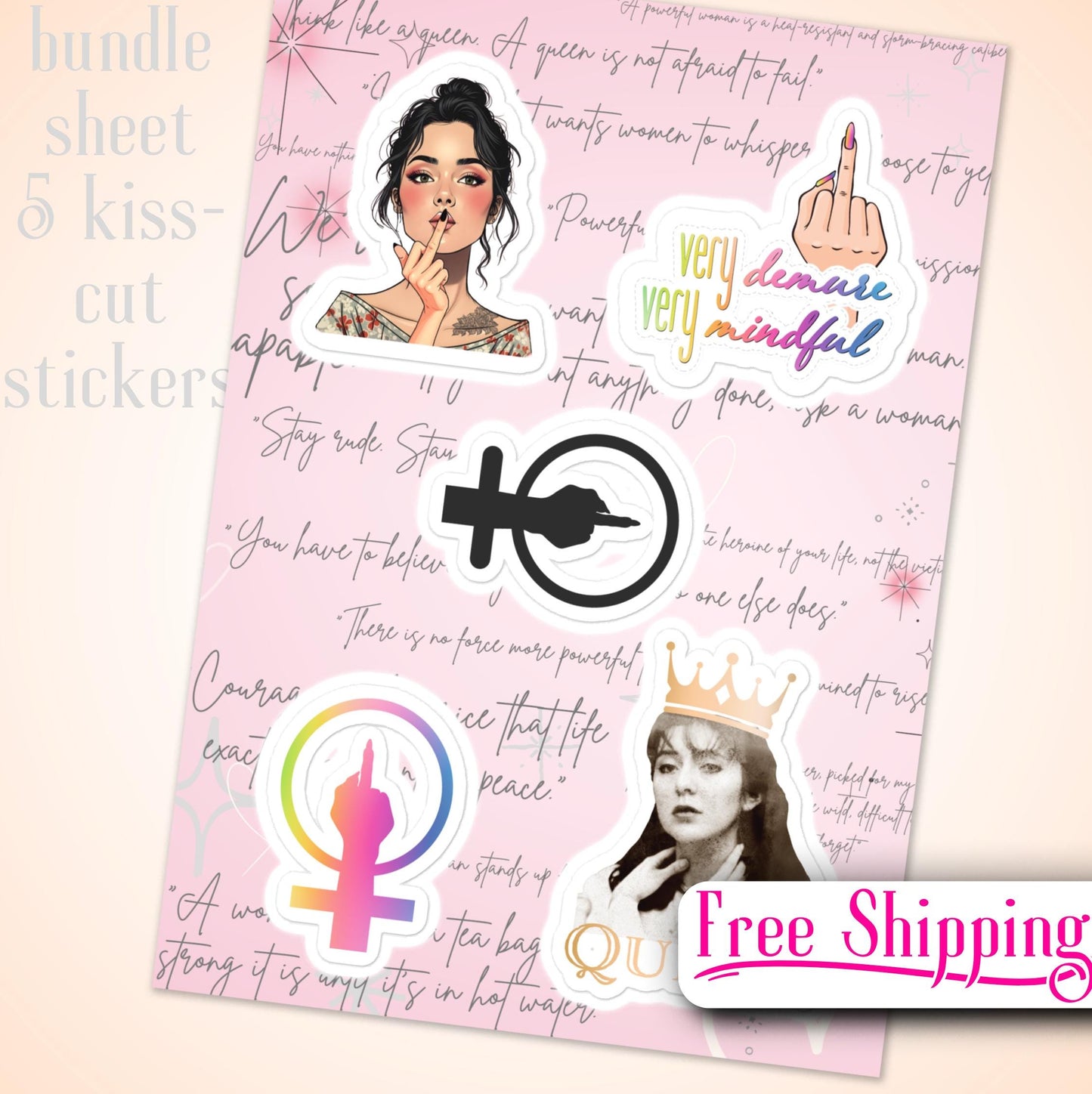 Sheet of Five Female Empowering Stickers with Funny Paintings and Feminist Symbols