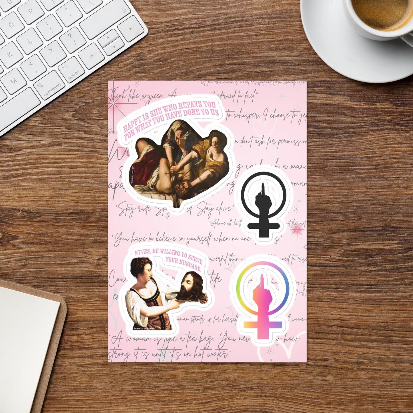 Sheet of Four Female Empowering Stickers with Funny Paintings and Feminist Symbols