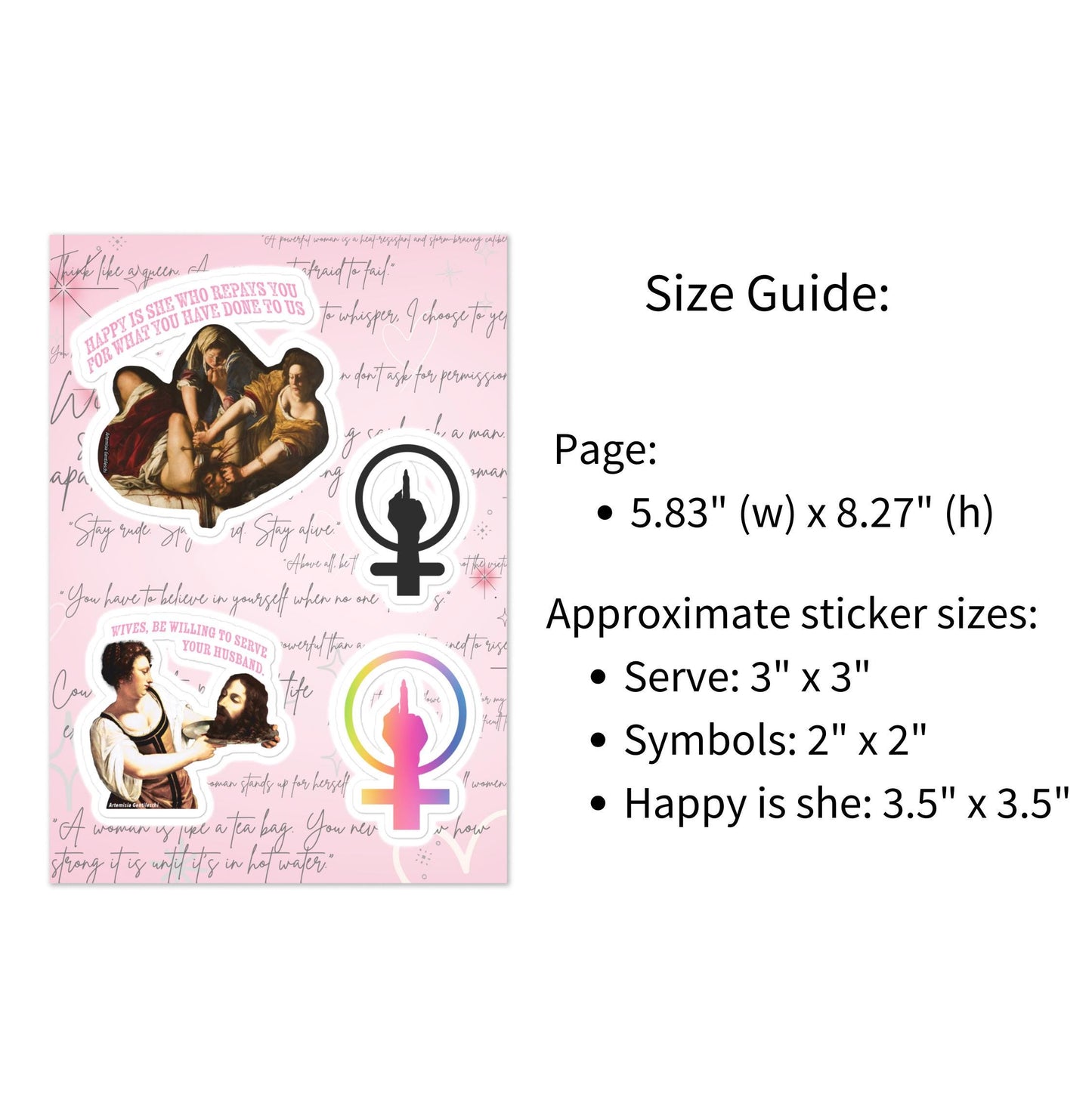 Sheet of Four Female Empowering Stickers with Funny Paintings and Feminist Symbols