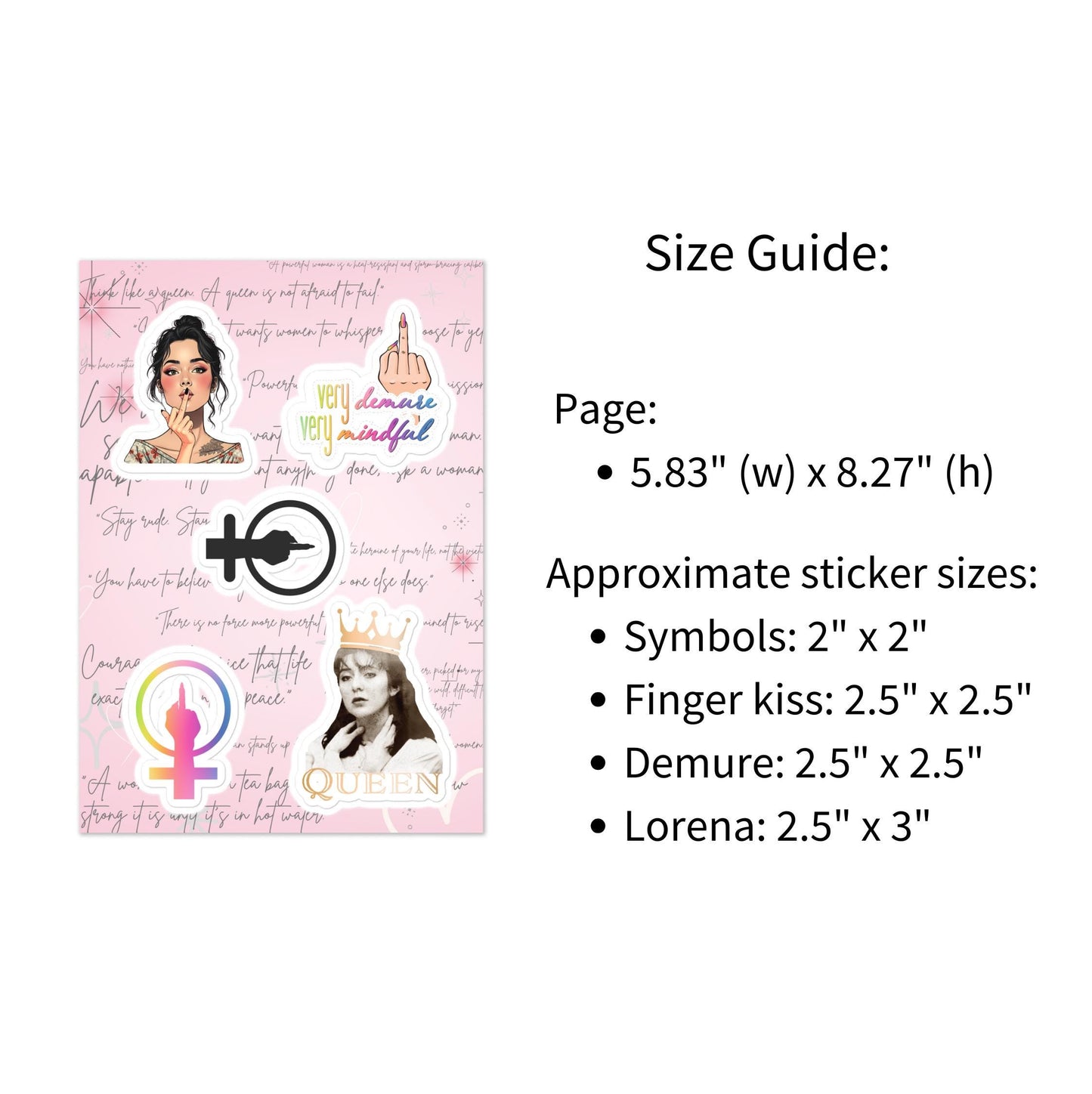 Sheet of Five Female Empowering Stickers with Funny Paintings and Feminist Symbols