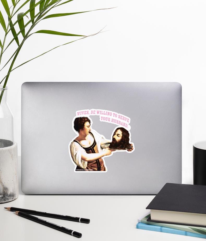 Funny Sticker: Sarcastic Serve Your Husband - Artemisia Gentileschi Painting and Bible Verse