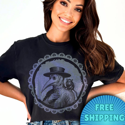 Spooky Gothic Tee – Plague Doctor & Pet Rat Design – Dark Humor