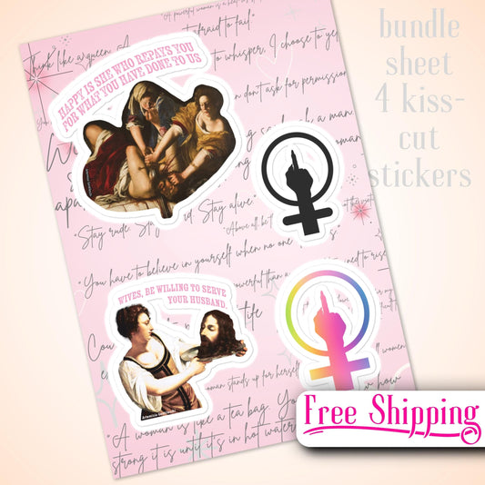 Sheet of Four Female Empowering Stickers with Funny Paintings and Feminist Symbols